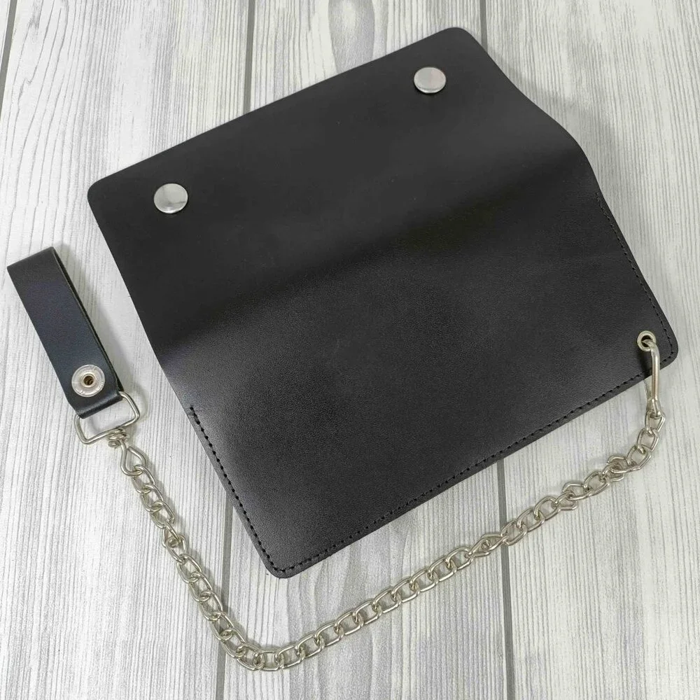 Black Leather Chain Wallet with Snap Closure